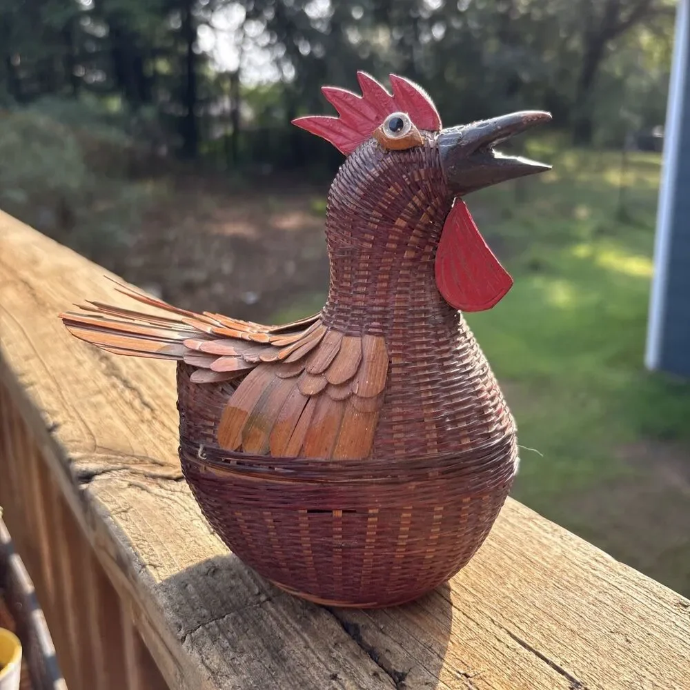 Vintage Shanghai Handicrafts Woven Rooster Basket, Woven Wicker and Rattan